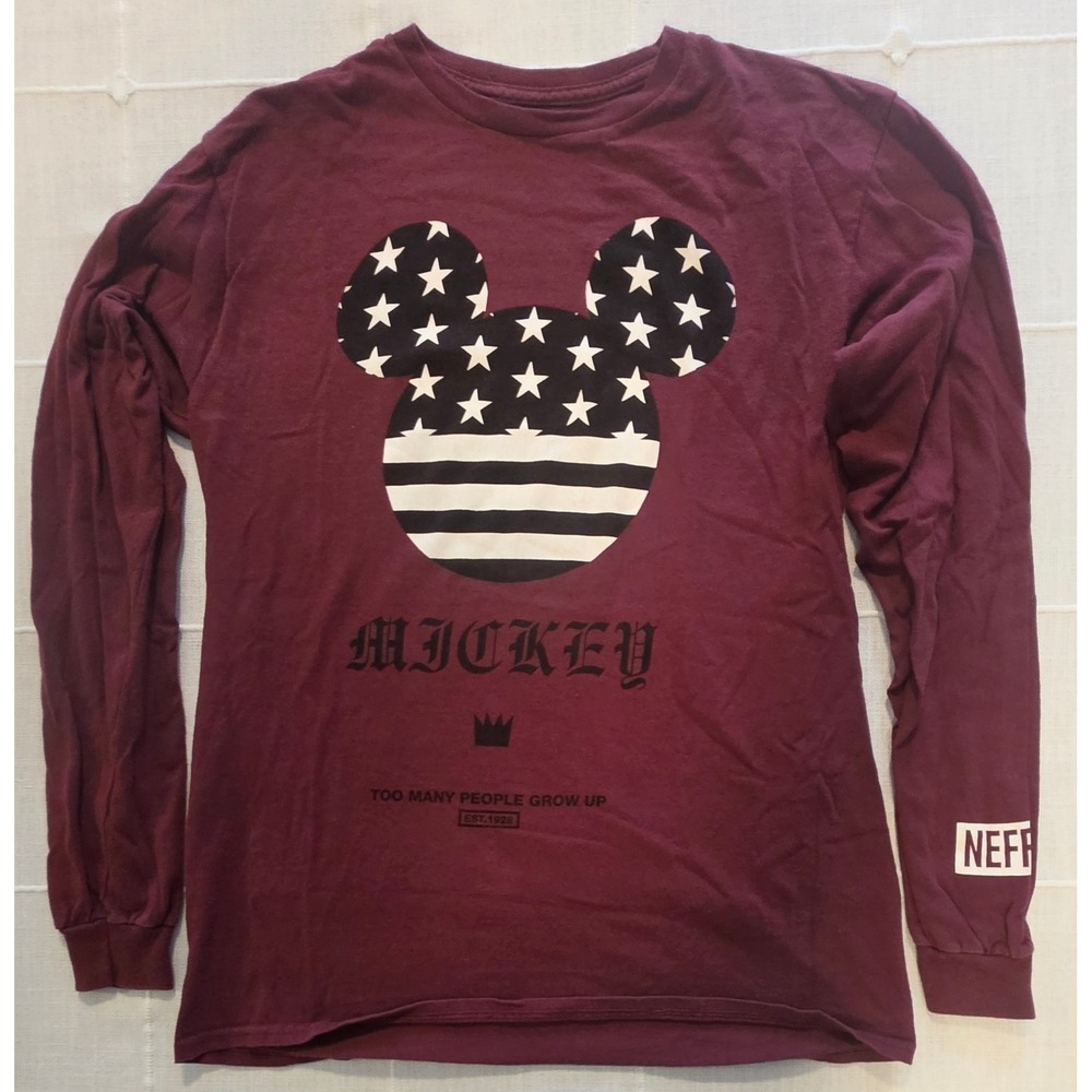Neff Disney Mickey Mouse Stars Stripes Long Sleeve Shirt Maroon Mens Medium